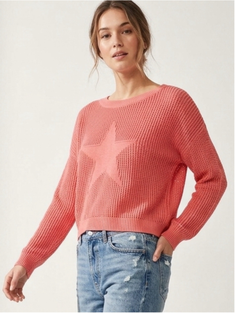 Hollister Women’s Open-Knit Star Patch Slouchy Crop Sweater Coral Pink Med - 922
